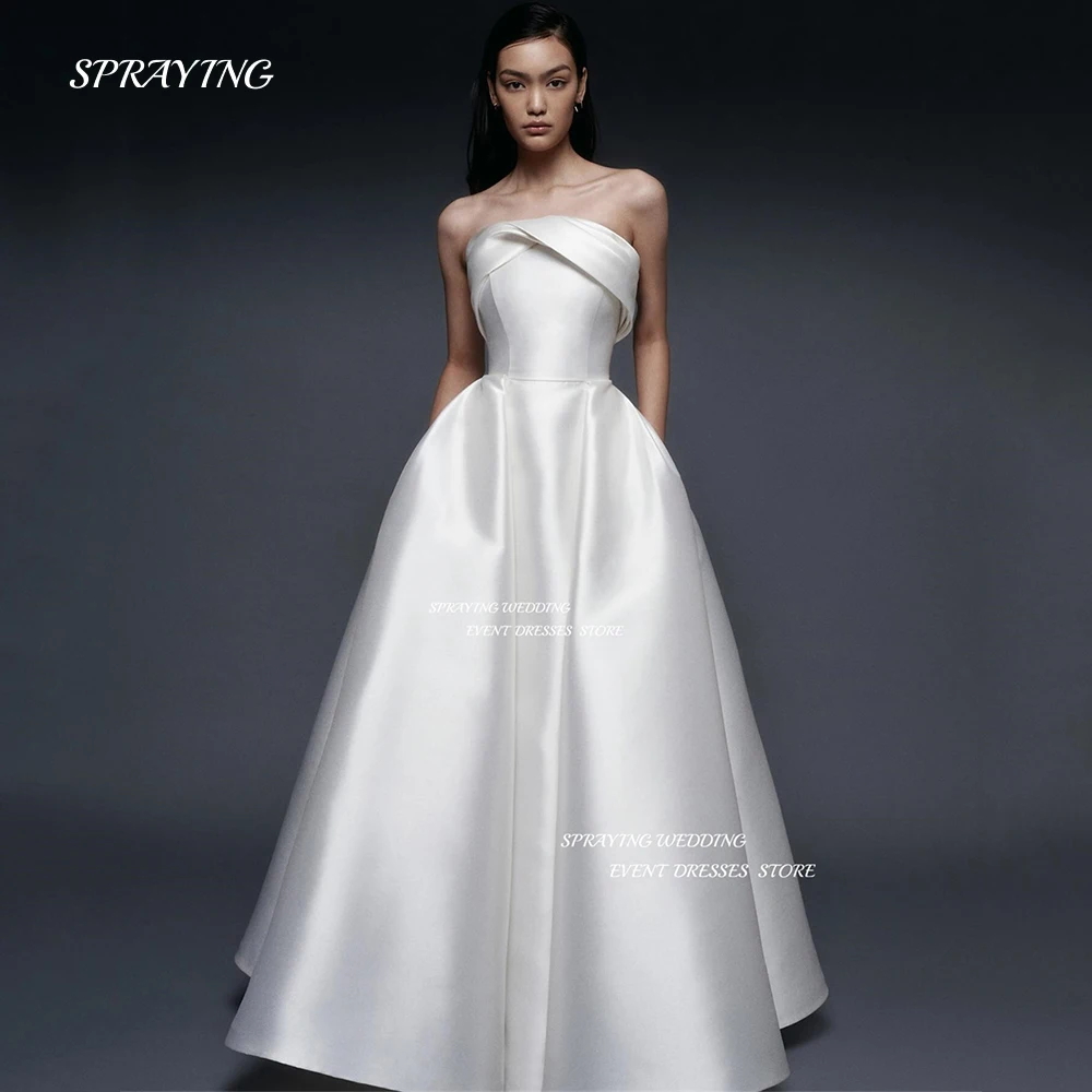 

SPRAYING Simple Strapless A Line Soft Satin Wedding Dress Saudi Arabia Sleeveless Pleats Bridal Gown Custom Made