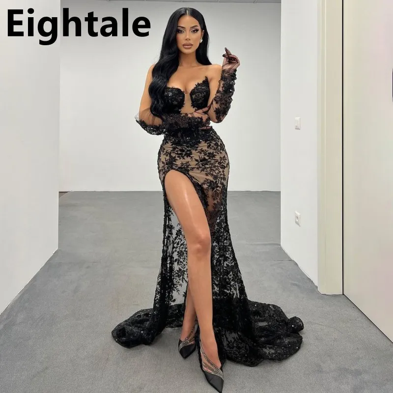 

Eightale 2024 Black Lace Mermaid Prom Dress Sexy High Slit Evening Dress Women Formal Party Gown Robes De Soirée