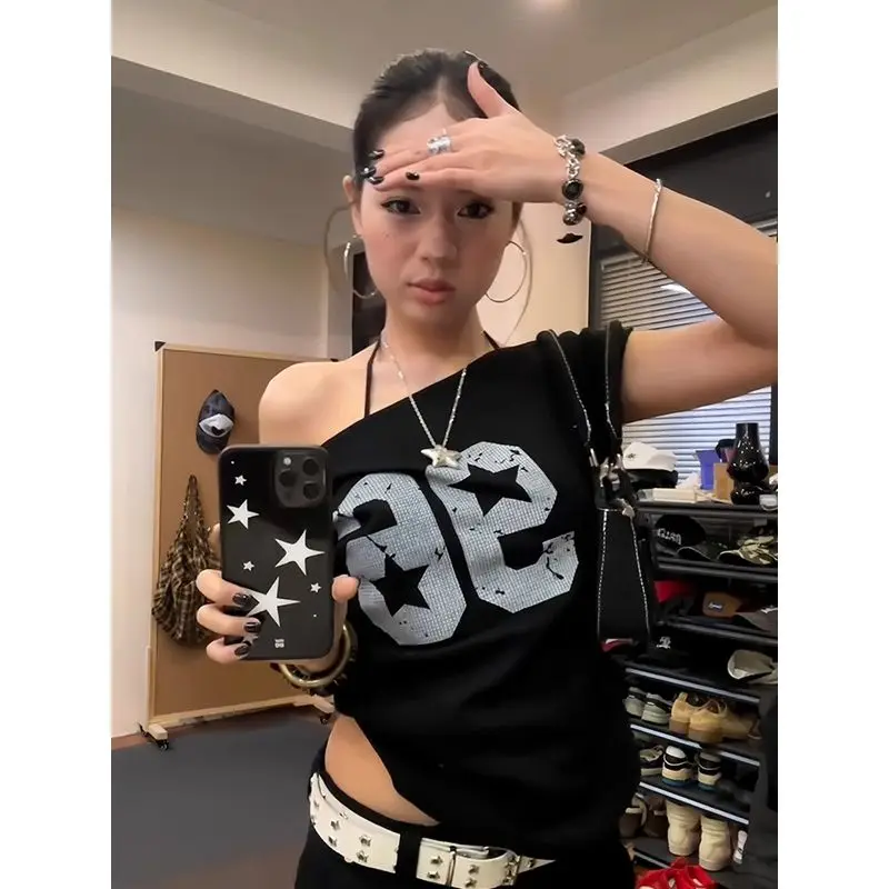 American Sle Spicy Girl oulder T-shirt da donna Estate Stampa digitale Slim ort Sve Bla Trendy Brand oulder Exposur