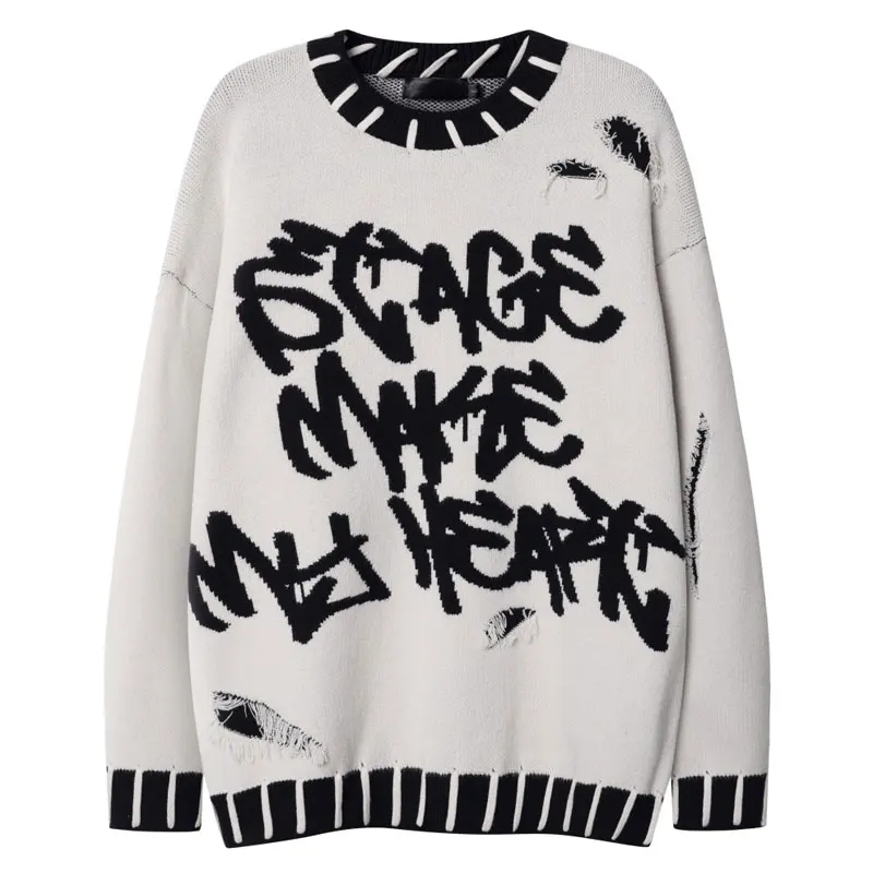 빈티지 스웨터 Y2K 그런지 찢어진 구멍 태슬 타이 점퍼 스트리트웨어 남성 힙합 하라주쿠 캐주얼 펑크 고딕 풀오버 스웨터