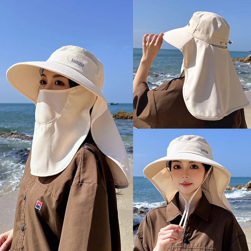 8458 Frühling Sommer grenzüberschreitender großer Umhang Sonnenschutz Hut Mode Gesichtsmaske Fischerhut mit Pferdeschwanzloch Visierhut Kinder