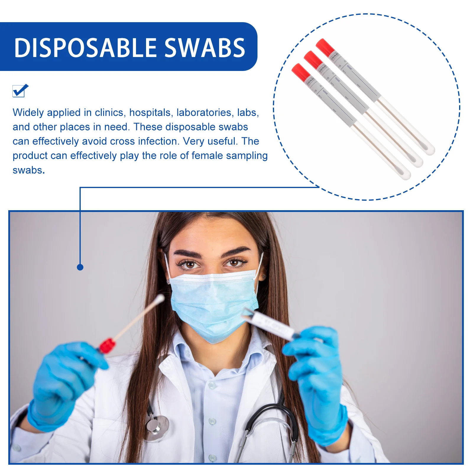 100 قطعة مسحات أنثى البلعوم القابل للتصرف مجموعة عينات العصي لاختبار مختبر عيادة المستشفى مسحات الفم