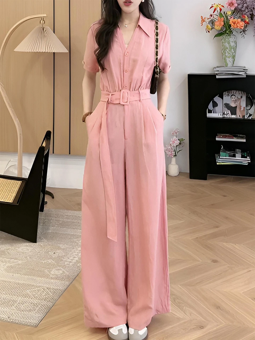 

Elegant Short Sleeve One-Piece Pants Women's Summer Loose Waist Slimming Wide Leg Long Pants High Waist Straight Leg Pants