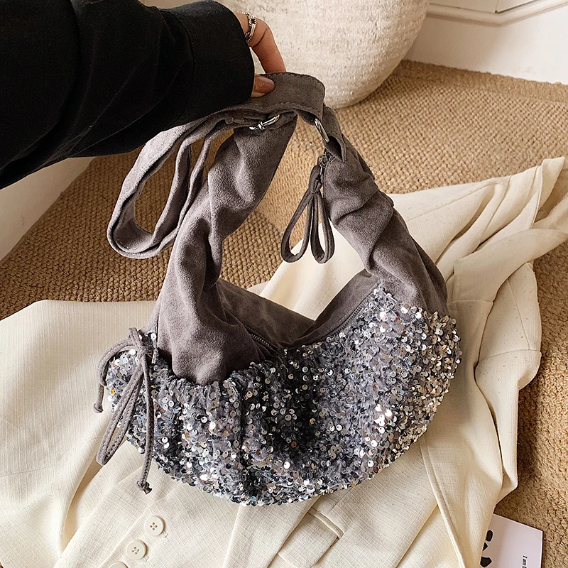 

Женская серебряная сумка через плечо с блестками, дизайн на шнурке, блестящая вечерняя вечерняя повседневная сумка на плечо, модная блестящая сумка 2026