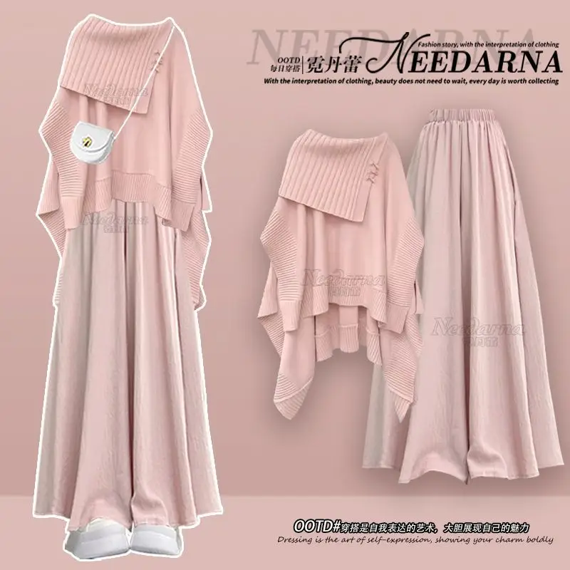 

Autumn and Winter Set Women's New Fashionable Knitted Sweater Loose and Slimming Half Body Skirt and Pants Two-piece Set