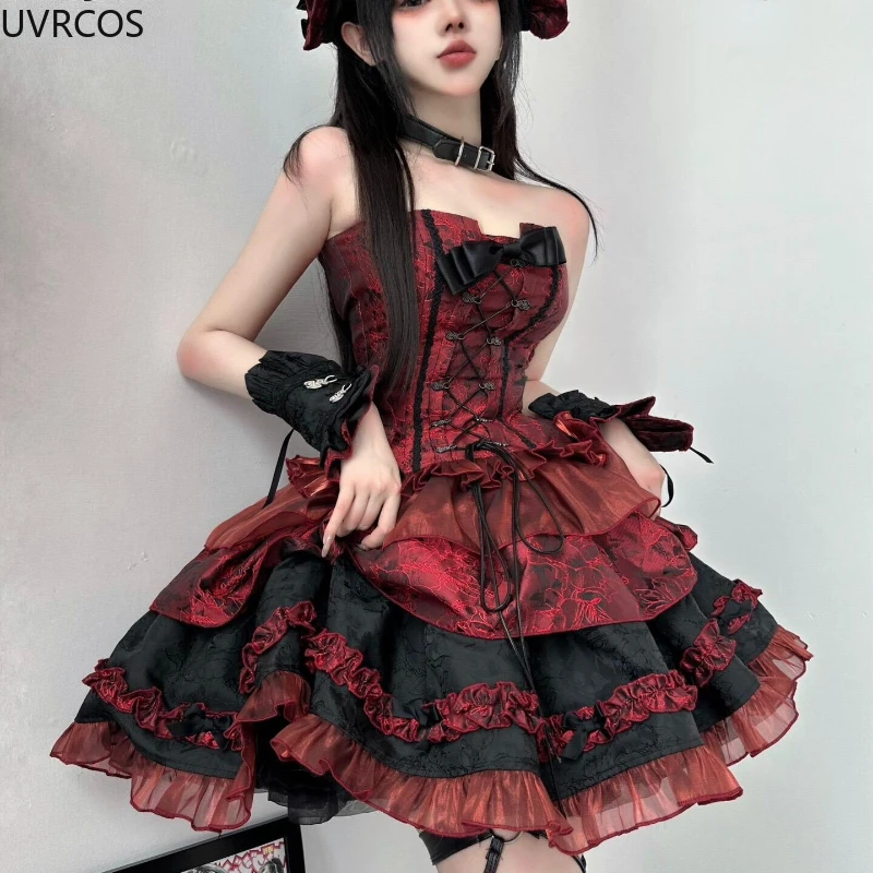 Victorian Gothic Lolita Dress Women Harajuku Y2k Lace Bow Evening Party Dresses Japanese Punk Style Slim Bandage Princess Dress