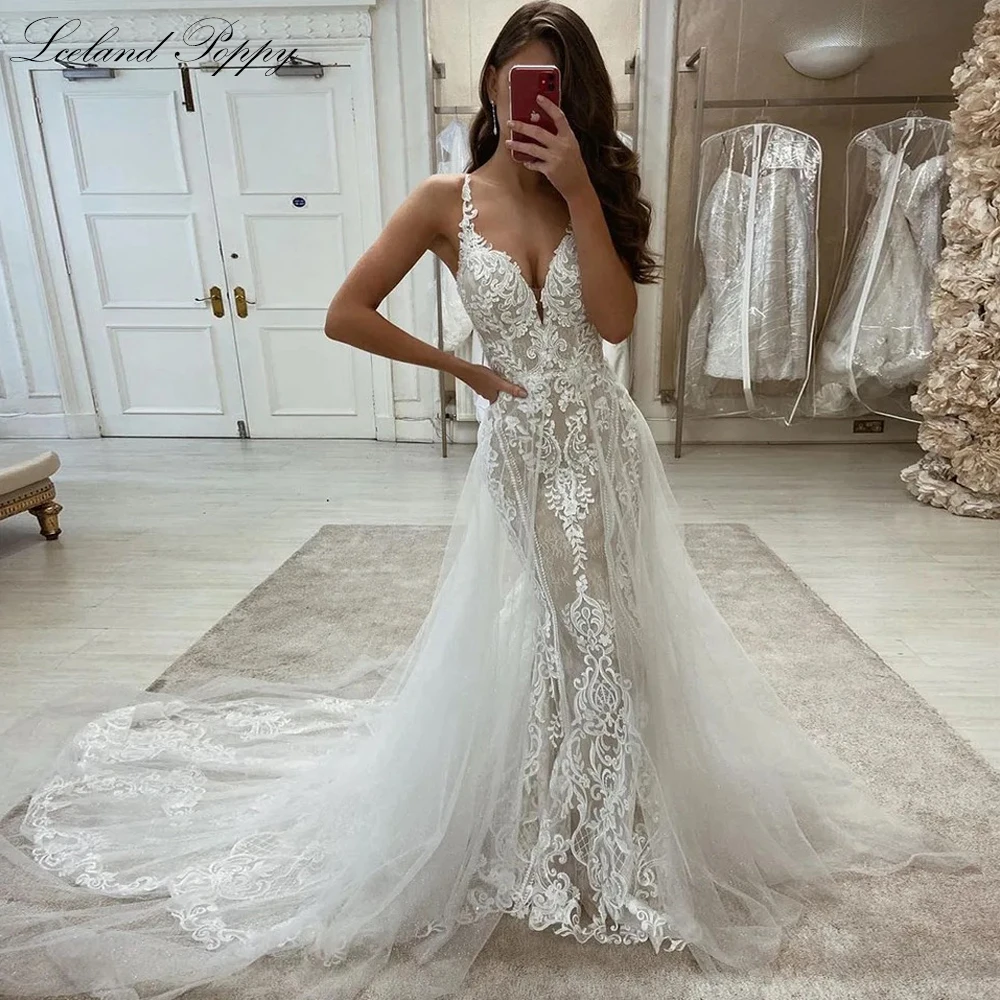 Lceland Poppy Customized V Neck Mermaid Lace Wedding Dresses Sleeveless Corset Back Bridal Gowns with Detachable Train