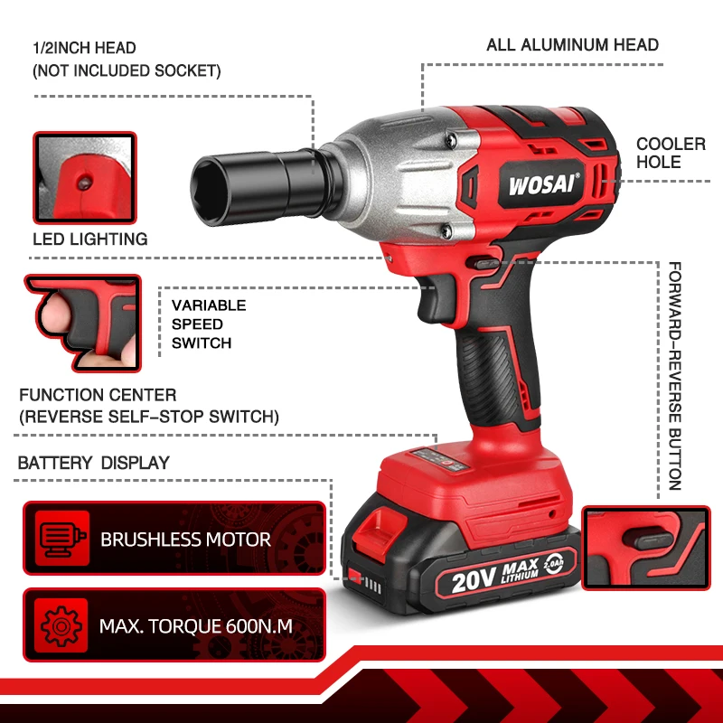 Wosai mt-シリーズ600N.m 20 12vブラシレス電動レンチソケットリチウムイオン電池コードレスインパクトレンチのための車のタイヤ電源ツール