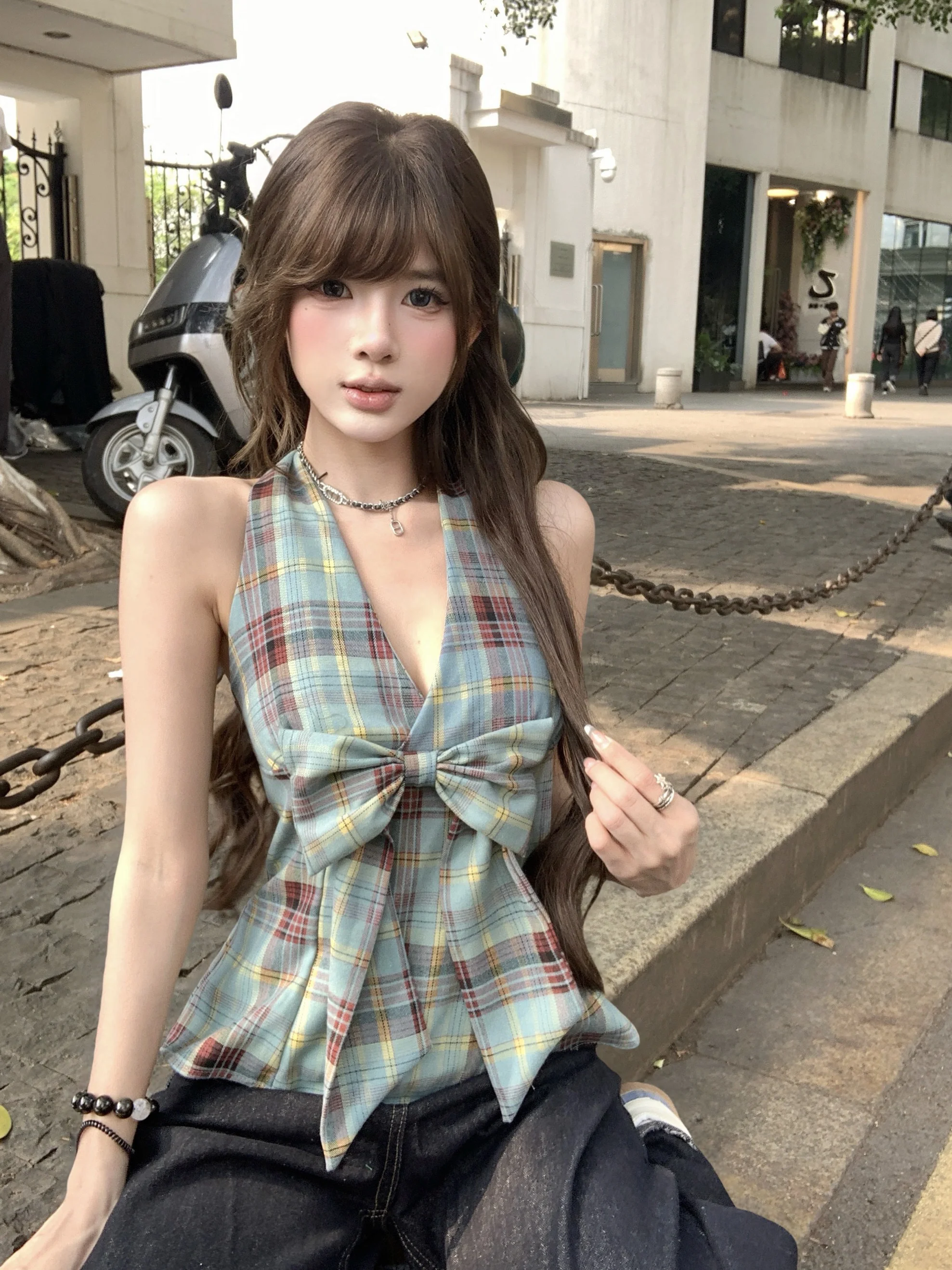 Slim Fit Plaid Backless Strap Vest Women Summer Waist Cinching Sleeveless Outerwear Thin Sexy Top  Knot Commute Style