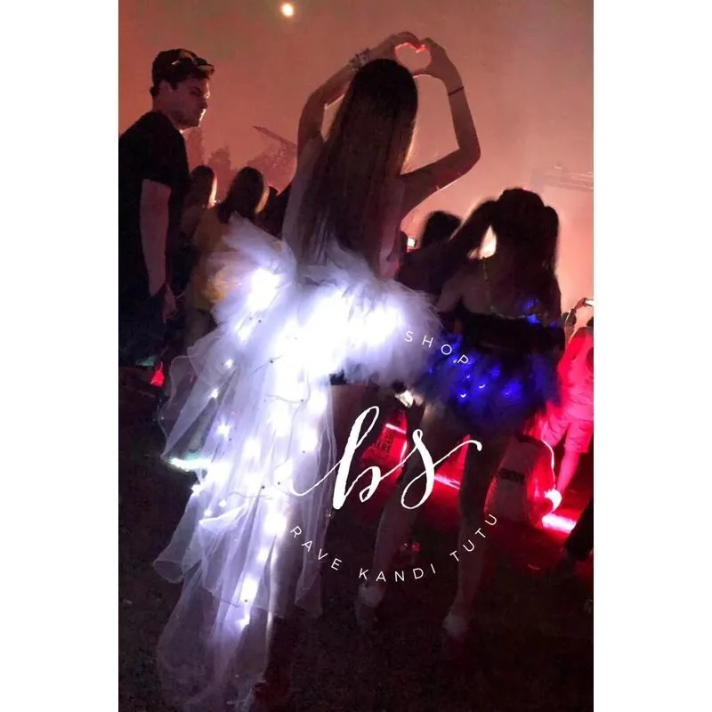 الهذيان LED توتو فستان EDM مهرجان الملابس اليد محبوك تضيء تنورة توهج حفلة الزي سحب الذيل مضيئة Dancewear Flashy #5