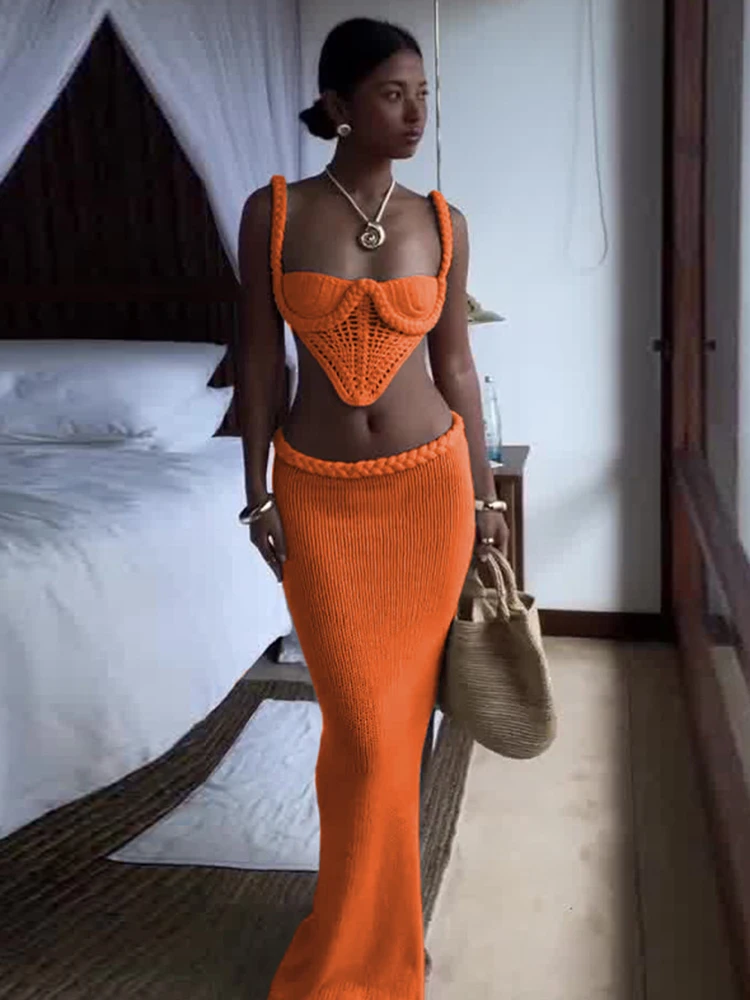 

Sisterlinda Knitted 2Piece Set Trend Solid Woven Irregular Crop Camis+Matching Maxi Skirts Female Sexy Hot Holiday Party Outfits