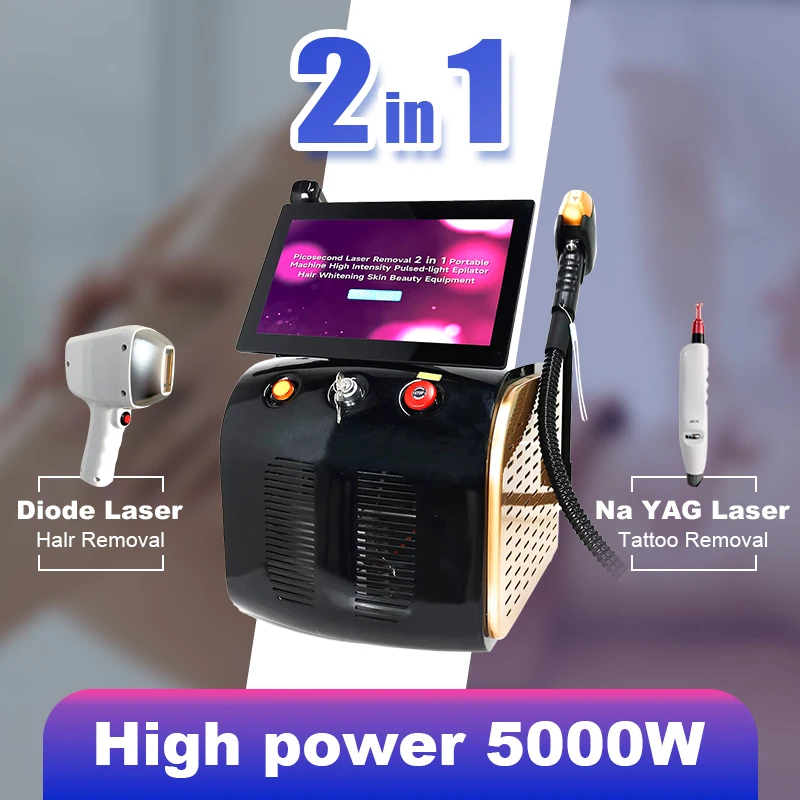 5000W Venta caliente 2 en 1 picosegundo Nd Yag láser máquina de eliminación de tatuajes y depilación láser de diodo máquina de depilación depiladora