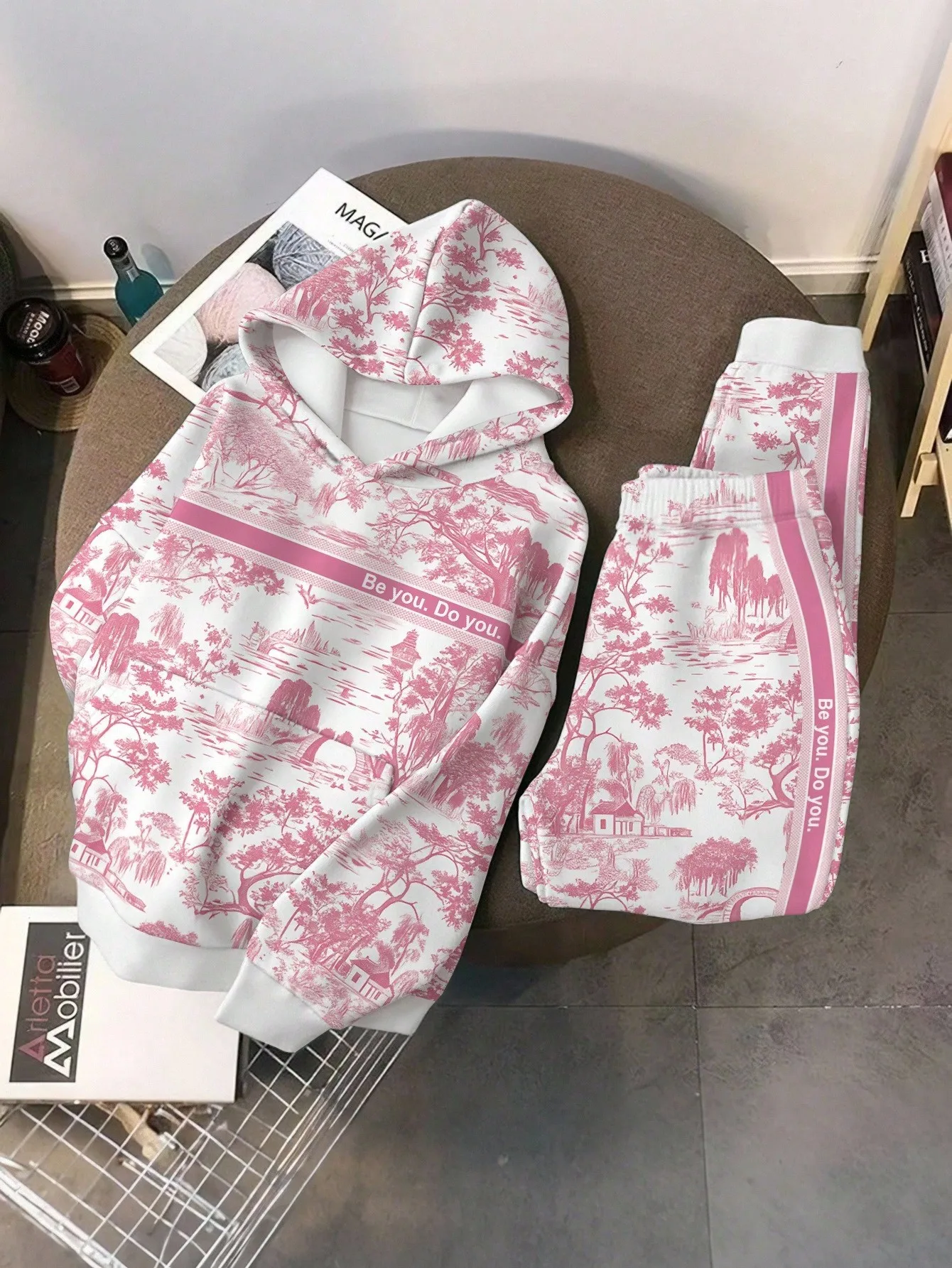 

Комплект из худи и джоггеров с винтажным пейзажным принтом для женщин больших размеров, повседневный, осень-зима