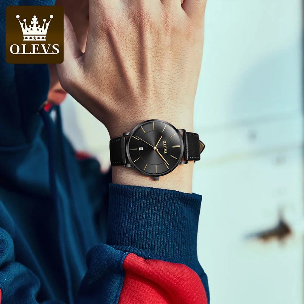 OLEVS Watch for Men Top Brand Luxury Quartz Wristwatches Sports Casual Genuine Leather Simple Design Thin Mens Watches 5869