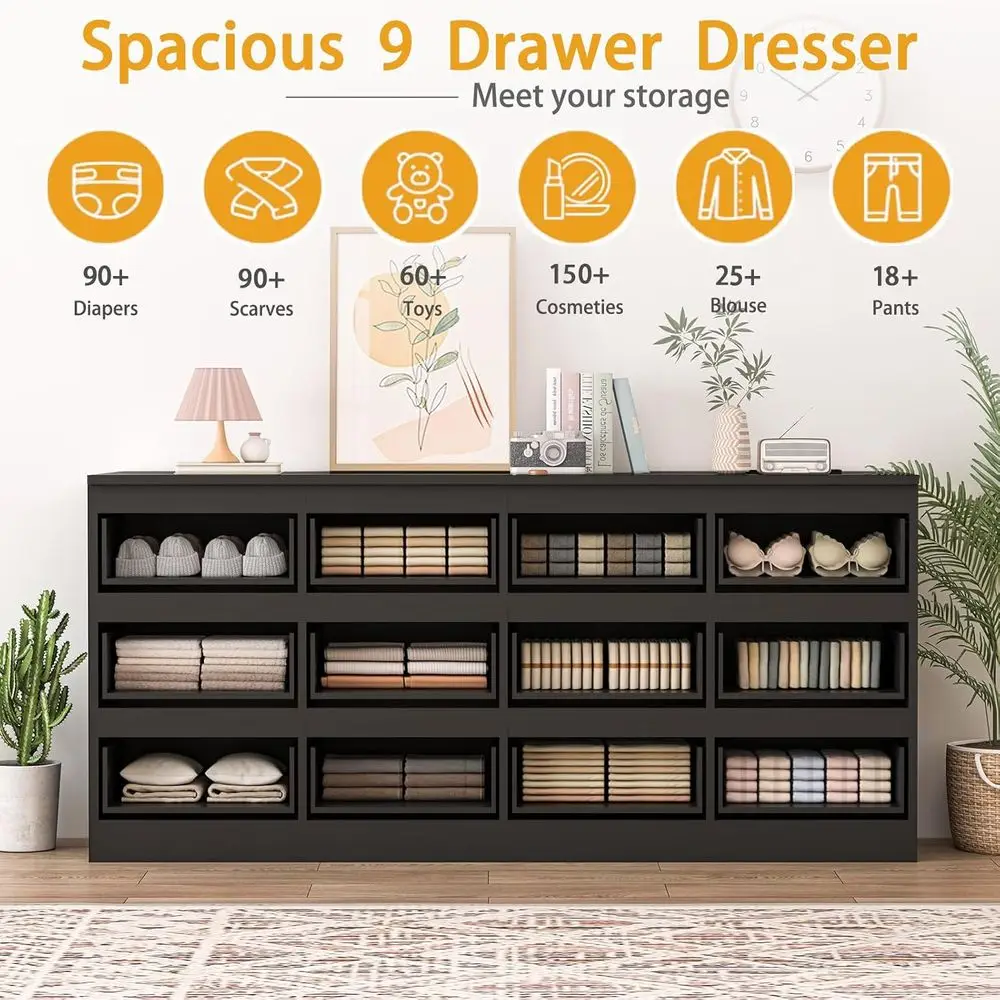 Commode contemporaine à 12 tiroirs avec station de recharge, commode de rangement spacieuse pour la maison en noir