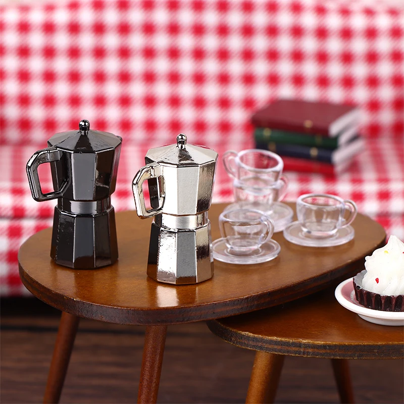 1 conjunto 1:12 casa de bonecas em miniatura bule café chaleira metal moka pote com bandeja copo cozinha casa modelo decoração brinquedo casa boneca acessórios