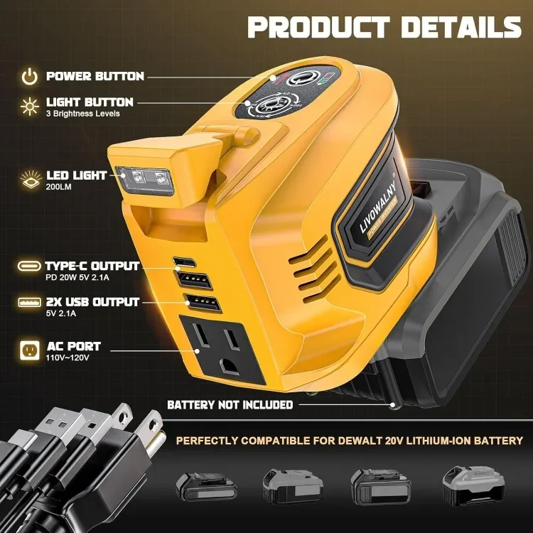 

Good 200W Power Inverter for 20V Battery, DC 20V to AC 110-120V Battery Inverter, Portable Power Station Generator, Charger