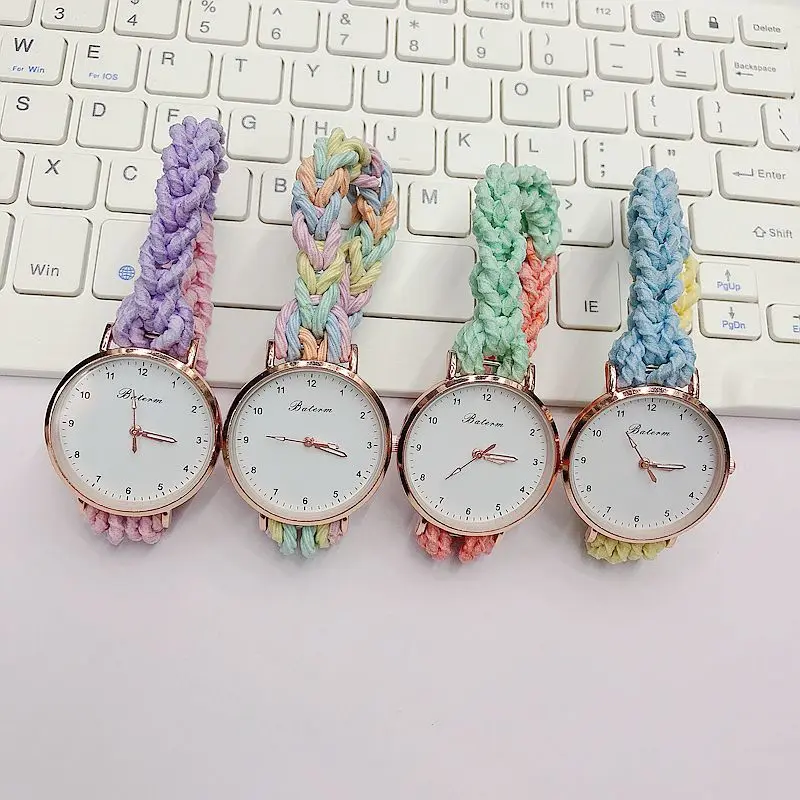 Jam Tangan Rajut Warna Campuran Modis untuk Wanita Jam Tangan Wanita Quartz Sederhana Jam Tangan Wanita Kreatif Tali Elastis Reloj Mujer