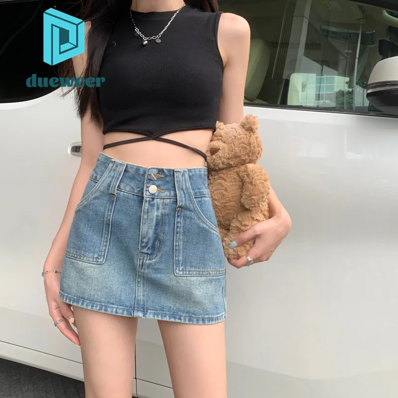 

DUEWEER Retro Short Denim Skirt for Women Fairy Grunge Harajuku Korean Fashion 2022 Summer A Line Sexy Mini Wrap Jean Skirt