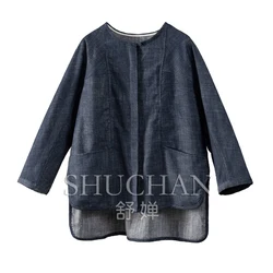 Early Autumn Denim Blue Designer 55% Linen 45% Cotton Loose Jacket Women Casacos Femininos Inverno 2024