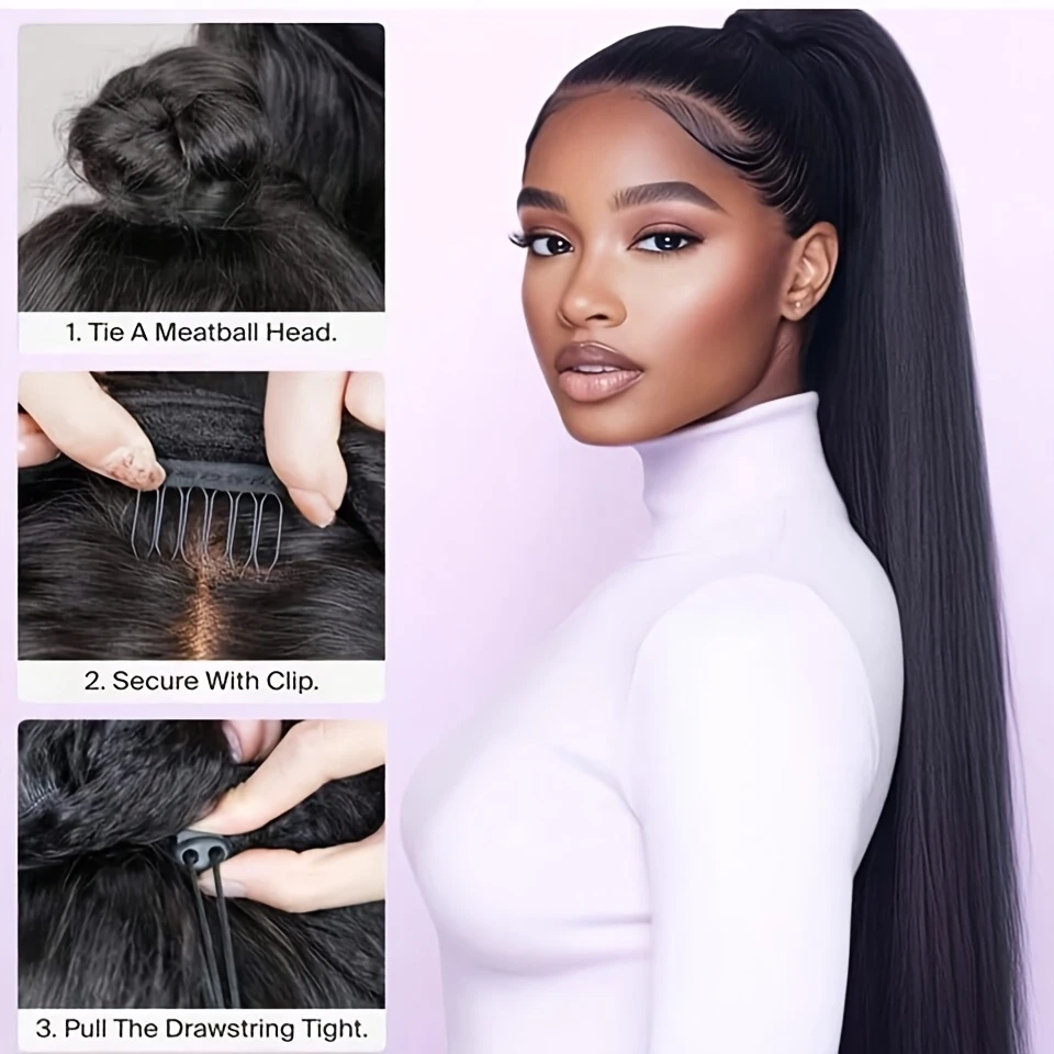 

Glueless Human Hair Half Wig for Women Suitable for African 3-in-1 Straight Half Wigs with Drawstring Ponytail 180% Density Natural Color No Glue for Daily Wear & Special Occasions
