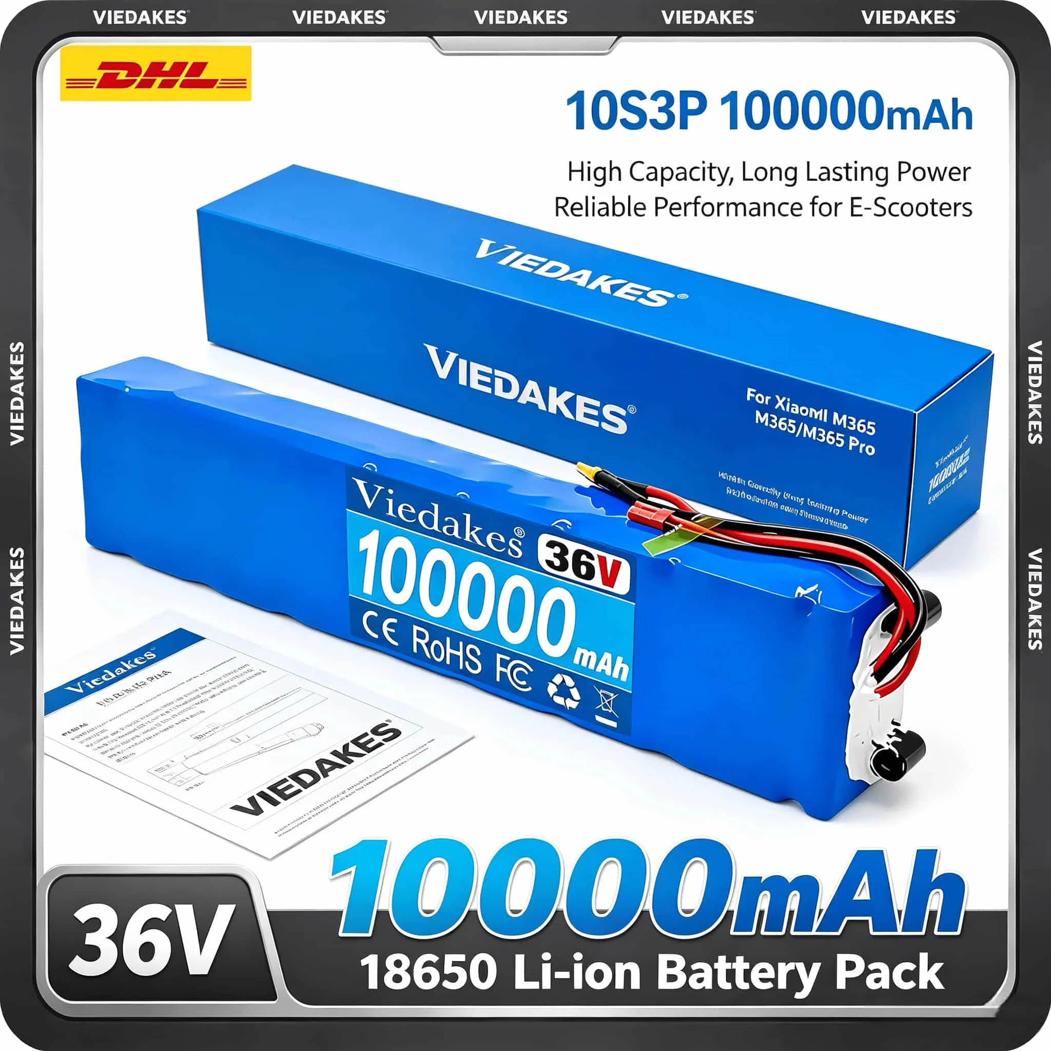 

VIEDAKES 36V 10S3P 100000mAh 18650 Battery For XiaoMi M365 Pro Scooter With Customizable Interface & Long Cycle Life BMS