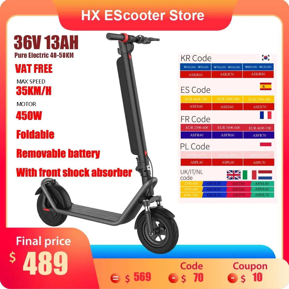 

HX X11 450W Adult Electric Scooter 13AH 36V 35km/h Foldable Electric Kick Scooter 10.0 inch Self-Balance E Scooter