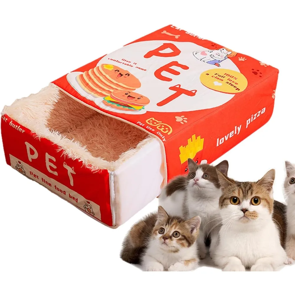 Rechteckiges Katzennestbett aus weicher PP-Baumwolle, Snackbox, Haustierbett mit Reißverschluss für große Katzen/Welpen/Hunde, vollständig geschlossene Plüschunterlage, Haustierhaus