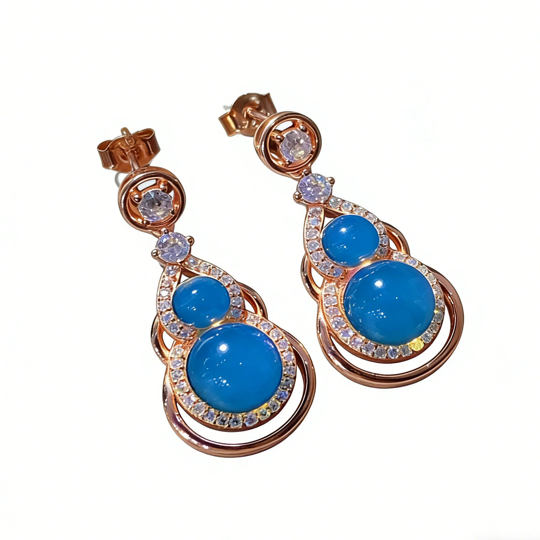 

925 Sterling Silver Mexican Blue Amber Earrings 9mm Round Beads Gourd Design Traditional Chinese Style for Daily Wear Gift