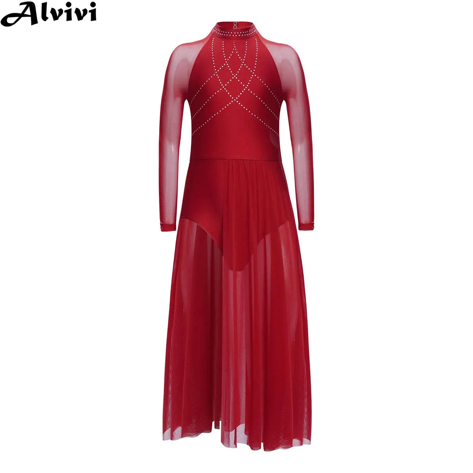 

Детское современное лирическое танцевальное трико для девочек, платье для фигурного катания, гимнастическая одежда, блестящие стразы, прозрачные сетчатые струящиеся платья с разрезом