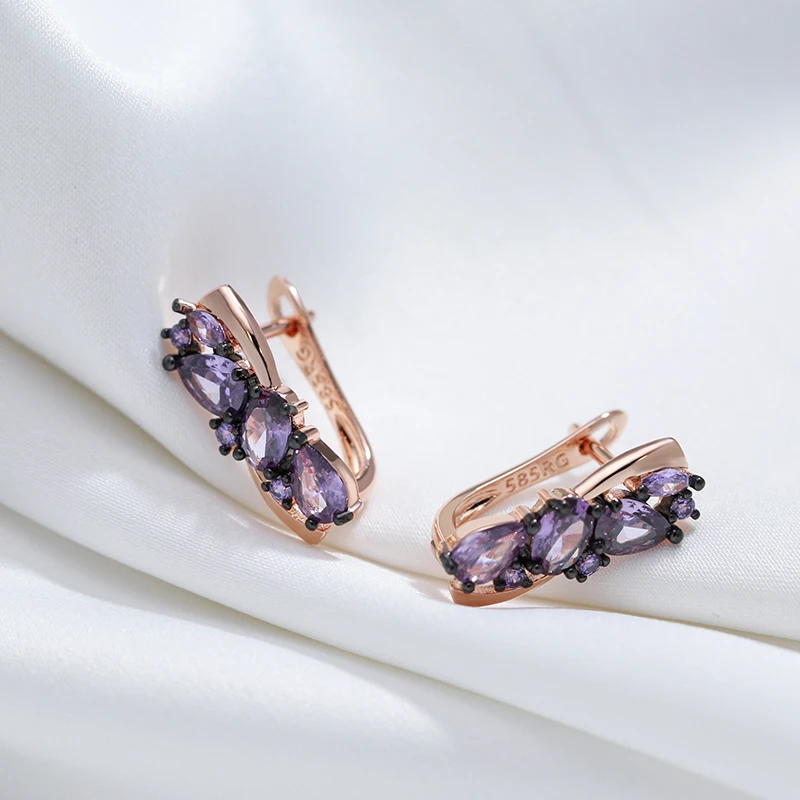 Kinel Luxury Purple Natural Zircon English Earrings For Women 585 Rose Gold and Black Plating Vintage Wedding Daily Wear Jewelry