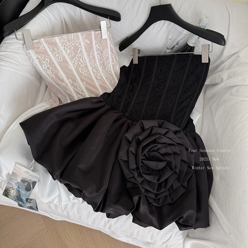 Słodka sukienka mini z koronką 3D w kształcie róży dla kobiet, bez rękawów, z wysokim stanem, z fiszbinami, bufiaste rękawy, haftowana koronka, satynowa sukienka w kwiaty.