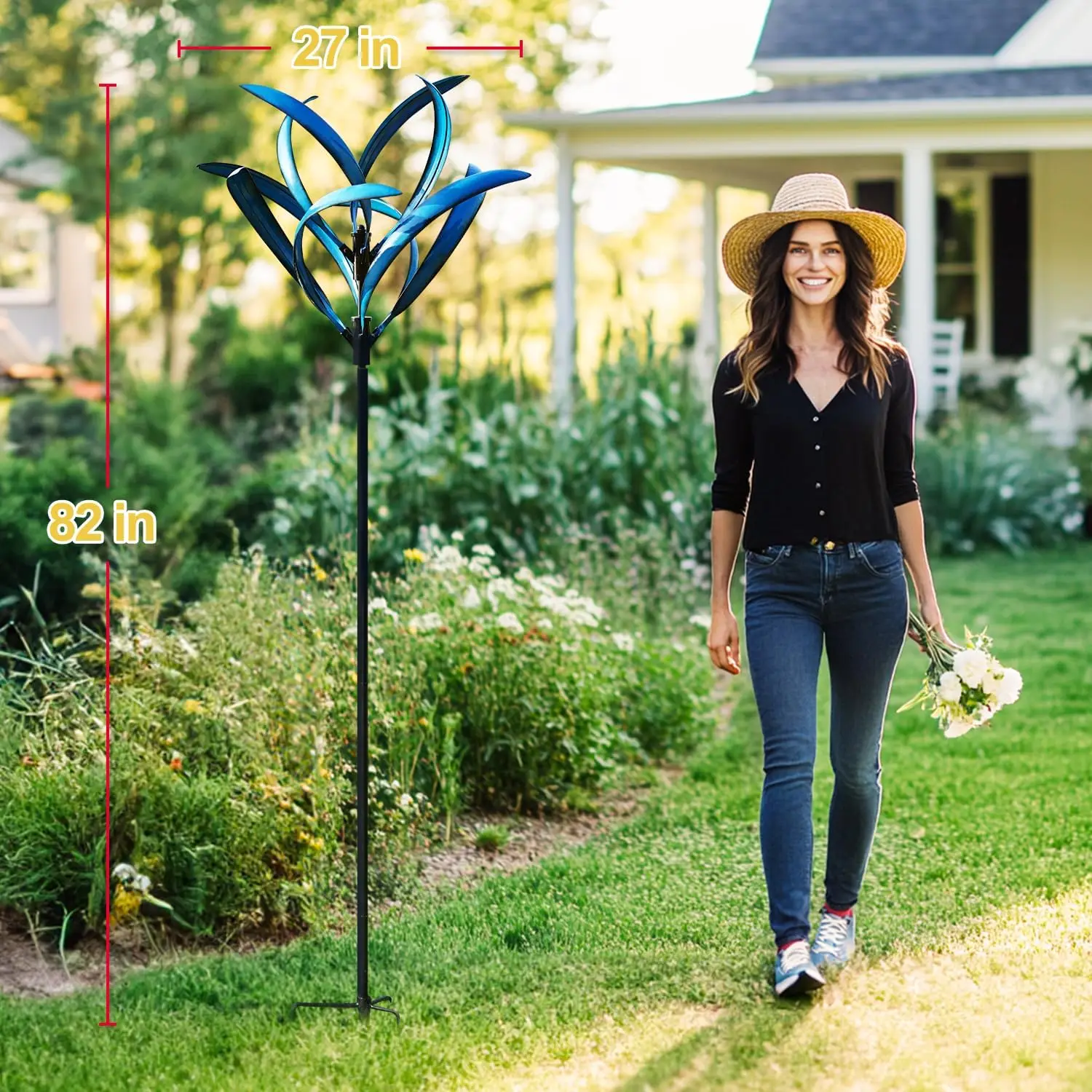 Wind Spinner for Yard and Garden - Large Metal Kinetic Wind Sculptures for Outdoor Decorations (Blue Magnolia)