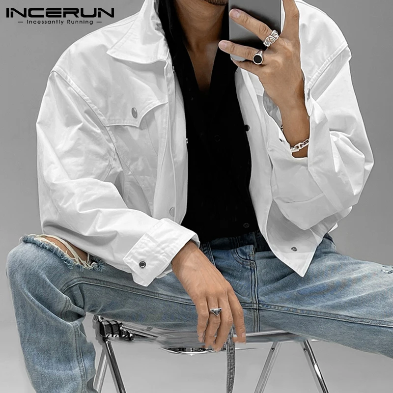 

INCERUN 2025 Men's Jackets Lapel Long Sleeve Solid Color Button Crop Coats Men Fashion Streetwear Casual Thin Outerwear S-5XL