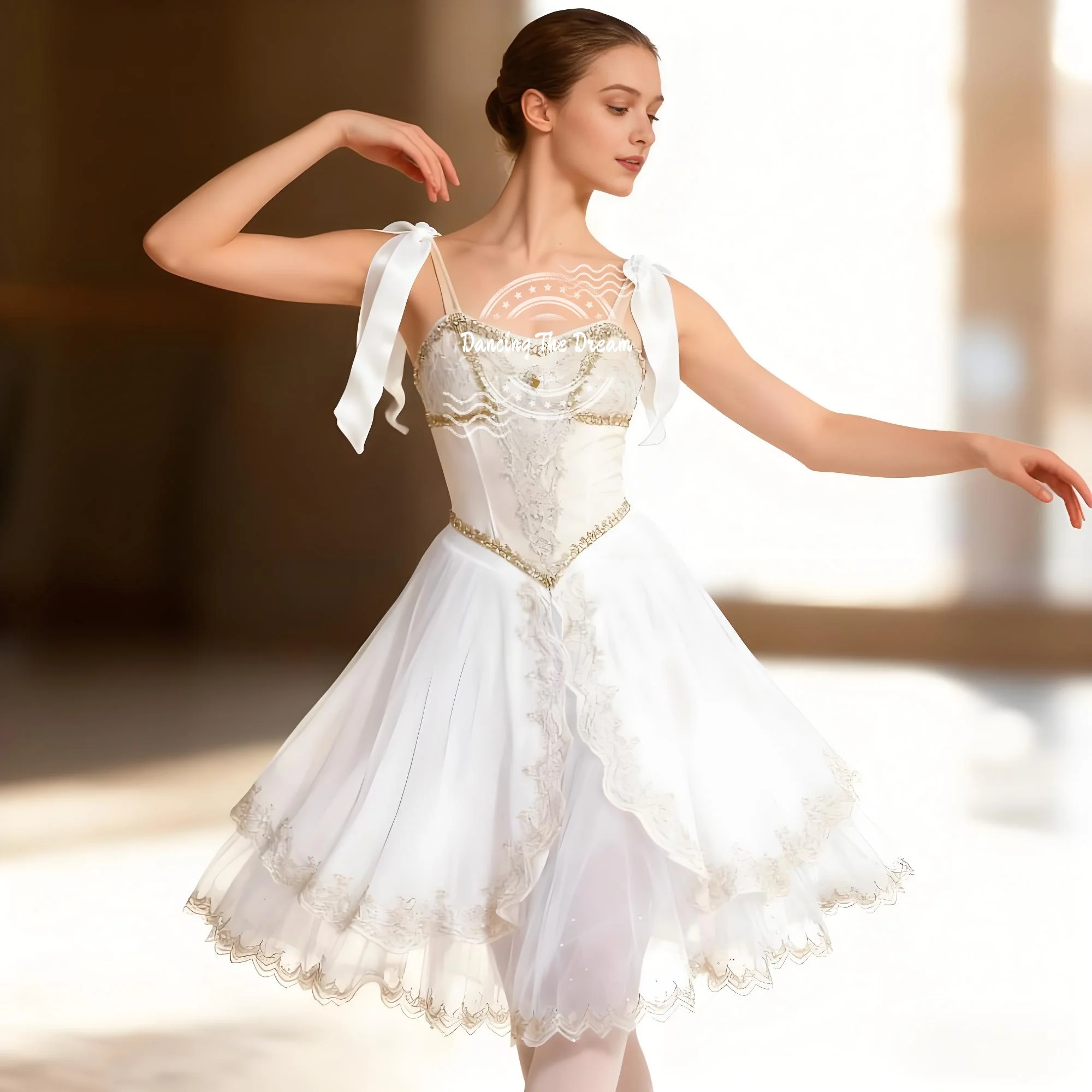 

Exquisite White Ballet Gown with Lace and Ribbon Accents