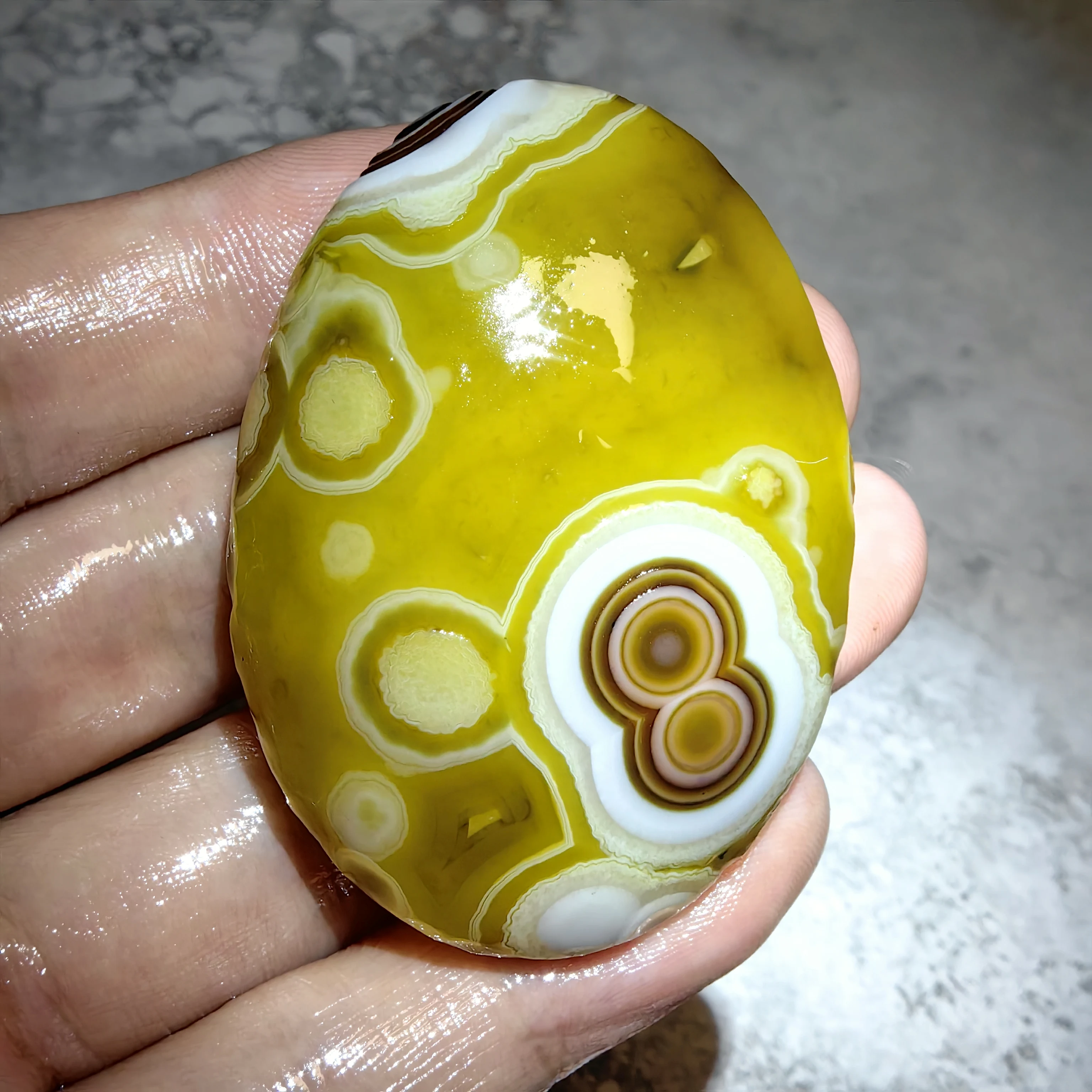 Vibrant Green Yellow Striped Agate Egg Natural Concentric Layered Stone Polished Oval Shape for Display, Unique Geological A