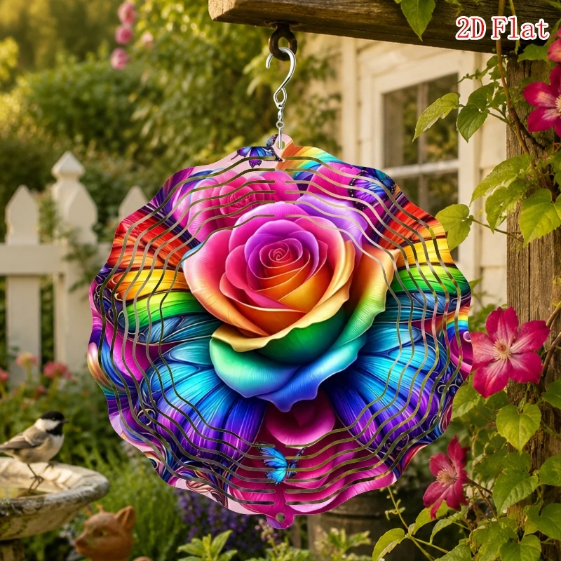 CIFBUY 2D Rose Wind Chime Colorful Butterfly Metal Spinner with 360 Rotating Hook DIY Creative Hanging Ornament for Garden Patio