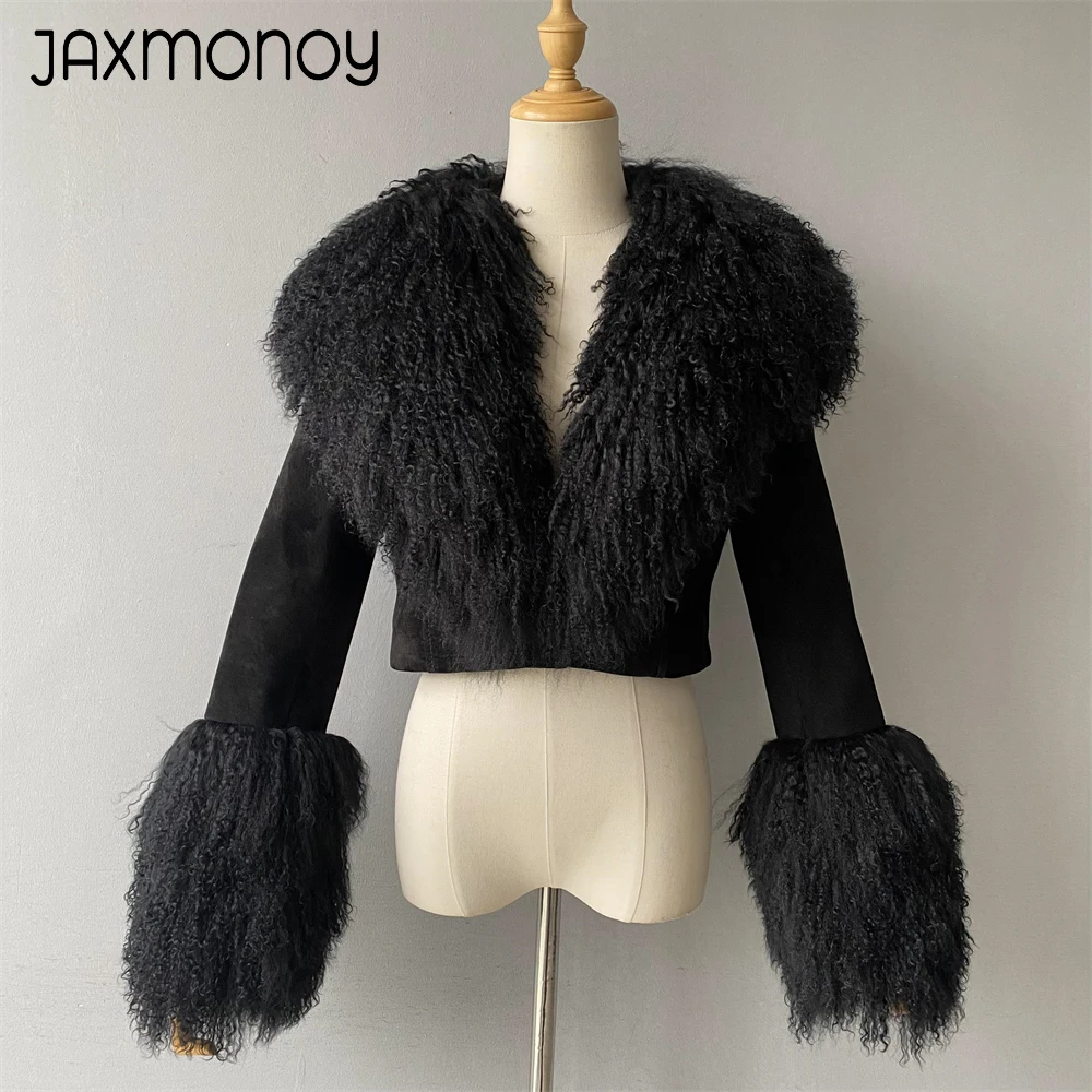 Jaxmonoy-Jaqueta de camurça verdadeira com gola e punhos de pele de ovelha feminina, casaco luxuoso para senhoras, mongol, outono e inverno 2024