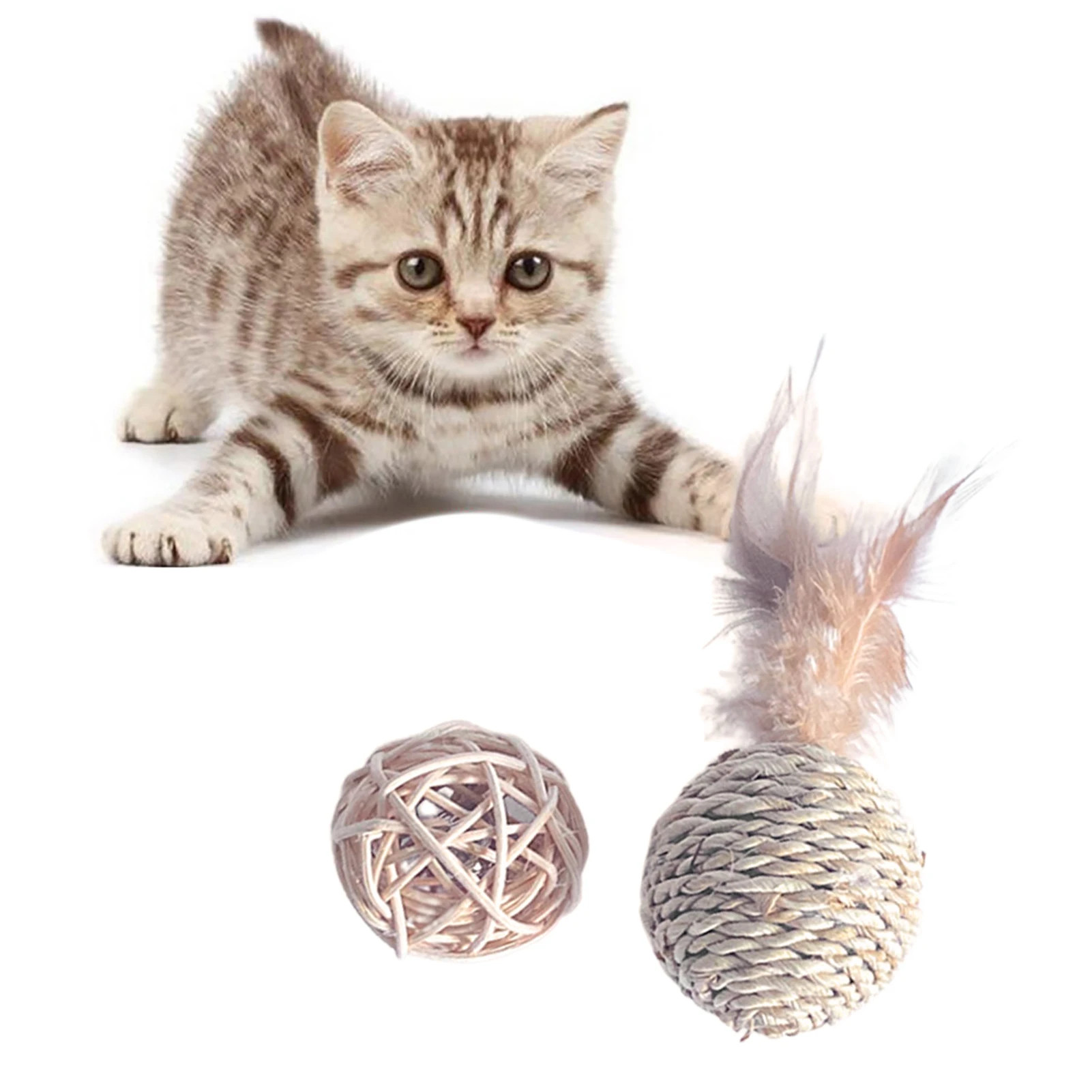 Interactive Cat Feather Toy Feather Teaser Rattan Ball With Feather Pet Bell Cat Tosses Toy Playing Pet Product For Kitten