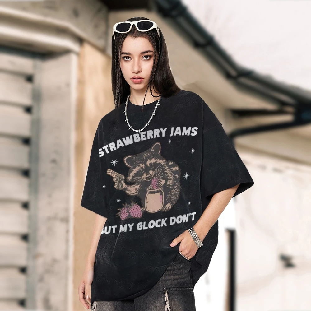 Unisex Style Oversize Loose T-Shirt Strawberry Hamster Print Washed Denim High Gram Weight Round Neck Short Sleeve
