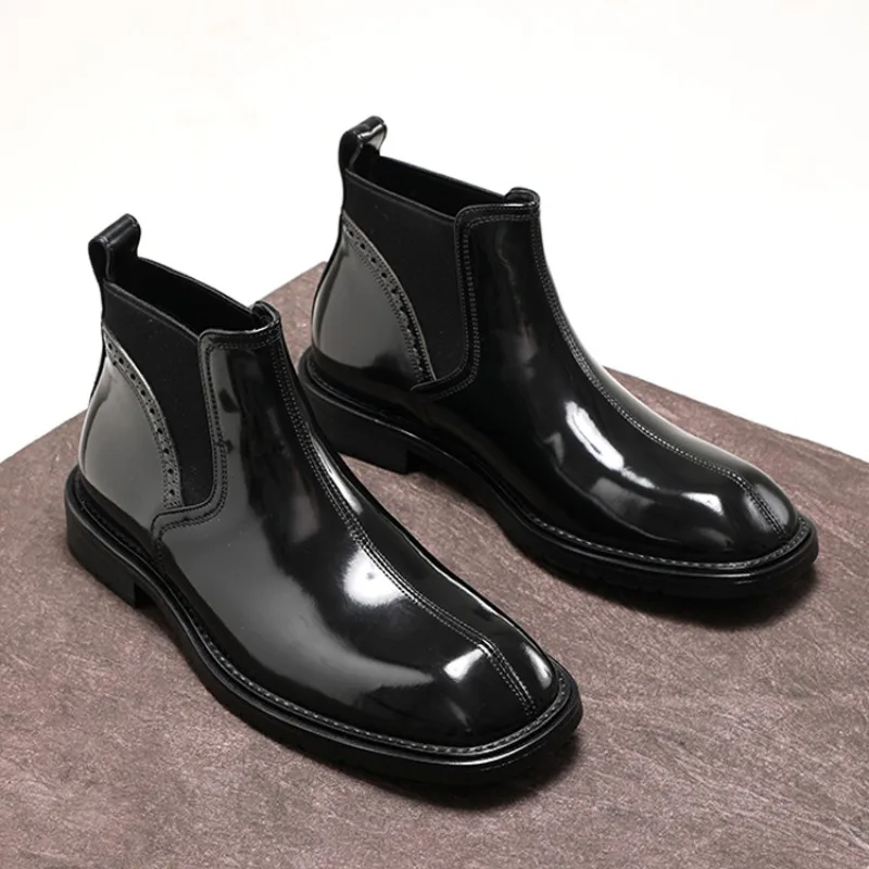 New British Style Glossy Leather Ankle Boots Men Genuine Leather Fashion Outdoor Work Chelsea Boots Male High Top Leather Shoes