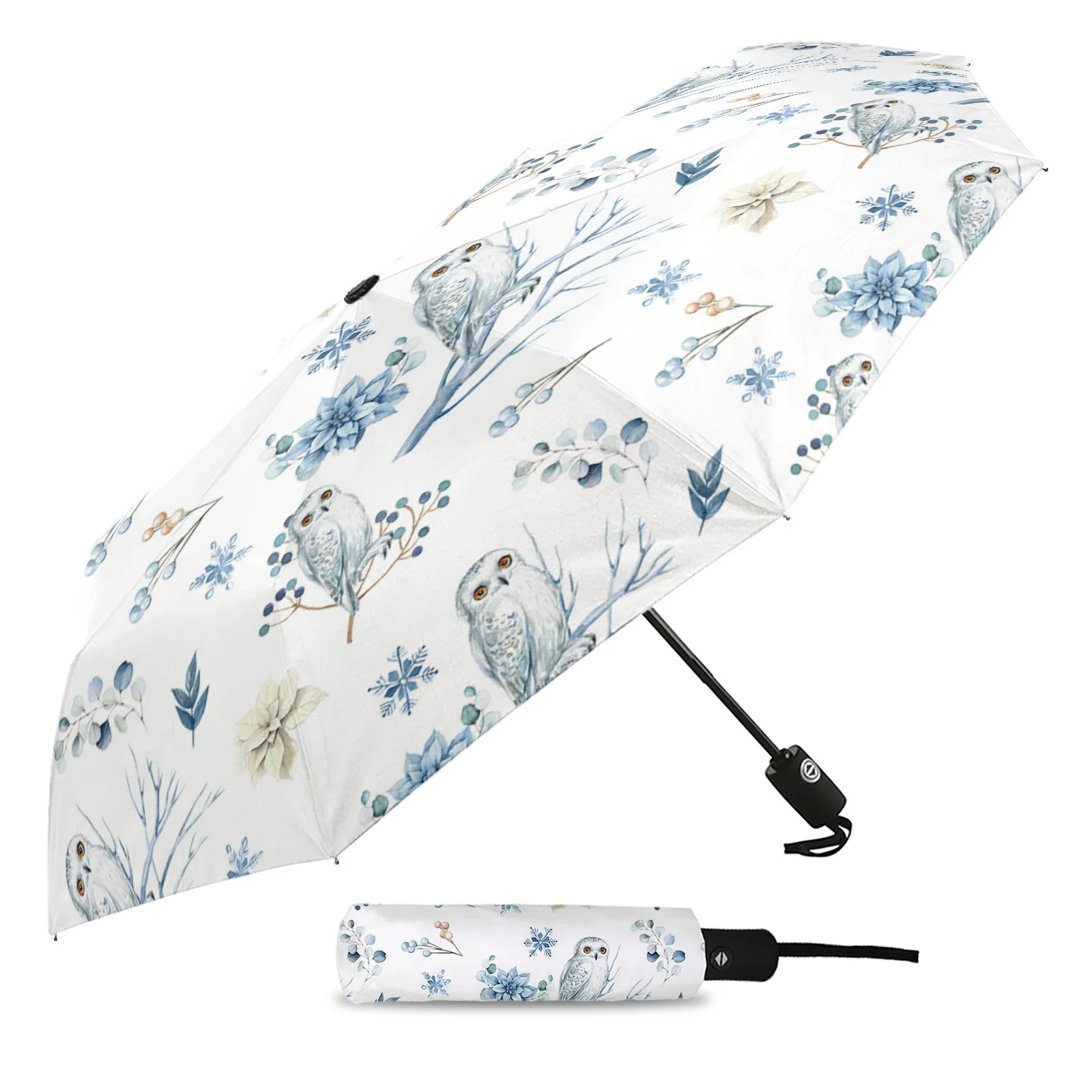 Winter Owl Eucalyptus Leaves Snowflakes Automatic Umbrella Travel Folding Umbrella Portable Parasol Windproof Umbrellas