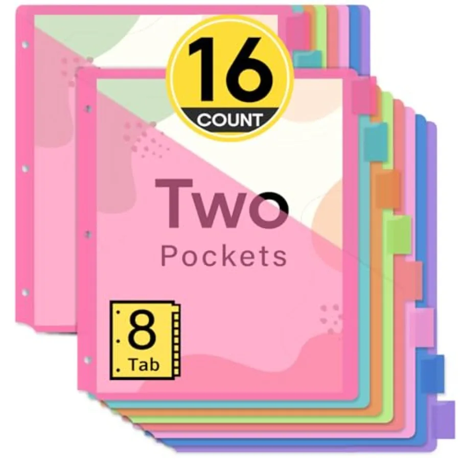 

16 Count Dividers for 3 Ring Binder with Two Pockets, 8 Tabs Set, Plastic Binder Index Dividers, Perfect for Office and School