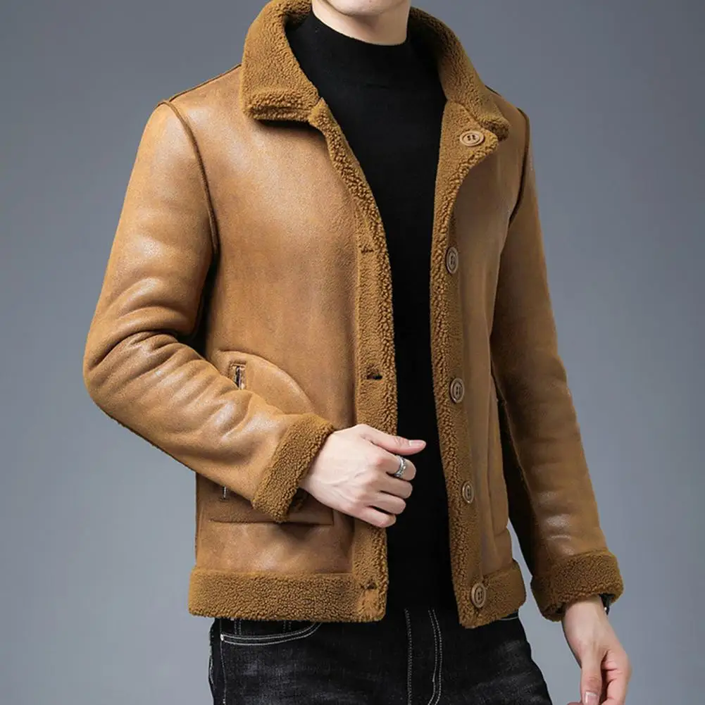 

Men Reversible Jacket Zipper Pocket Jacket Stylish Men's Lapel Coat with Reversible Design Faux Leather Accents Long for Winter