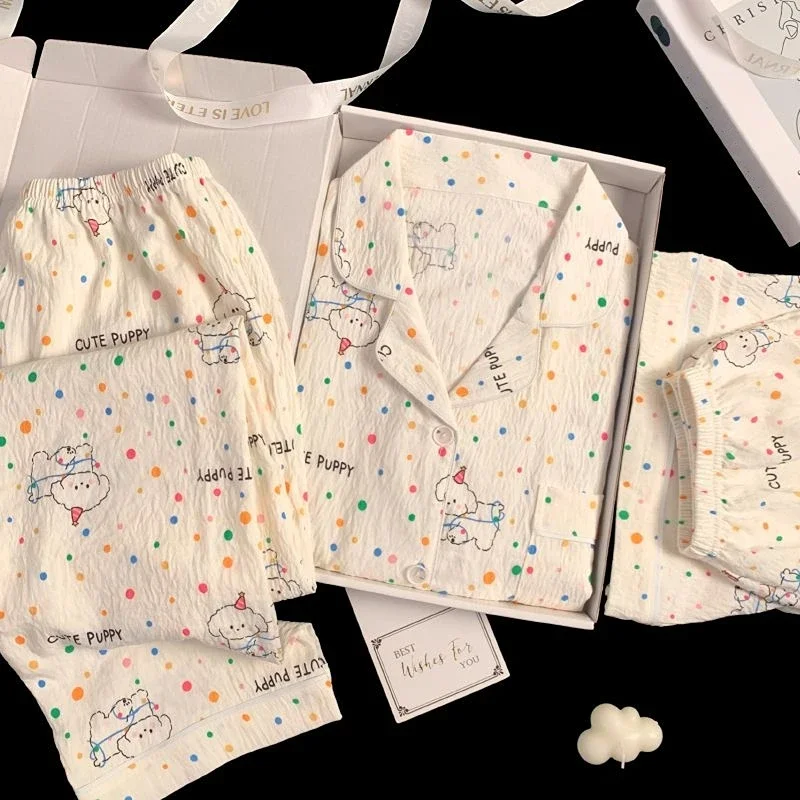 

Женские пижамы из 3 предметов с разноцветным точечным мультяшным принтом, кавайная милая хлопковая домашняя одежда с облаками, весна-лето, новинка 2023 года, модная одежда для сна