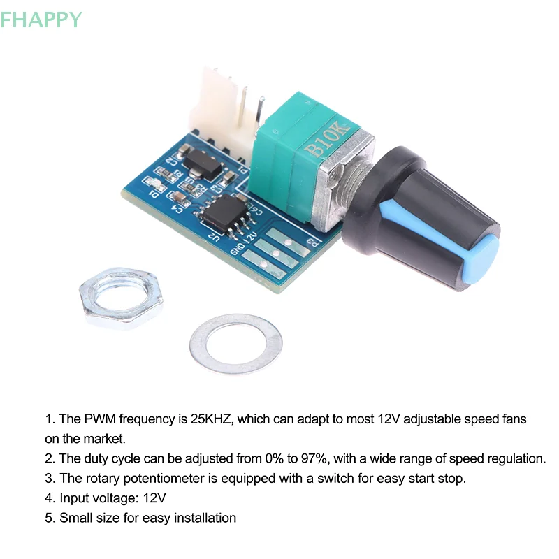 Controlador de velocidade do ventilador de canal único dc 12v controlador de velocidade pwm 25khz controle do motor com potenciômetro rotativo para ajustar 4 pinos