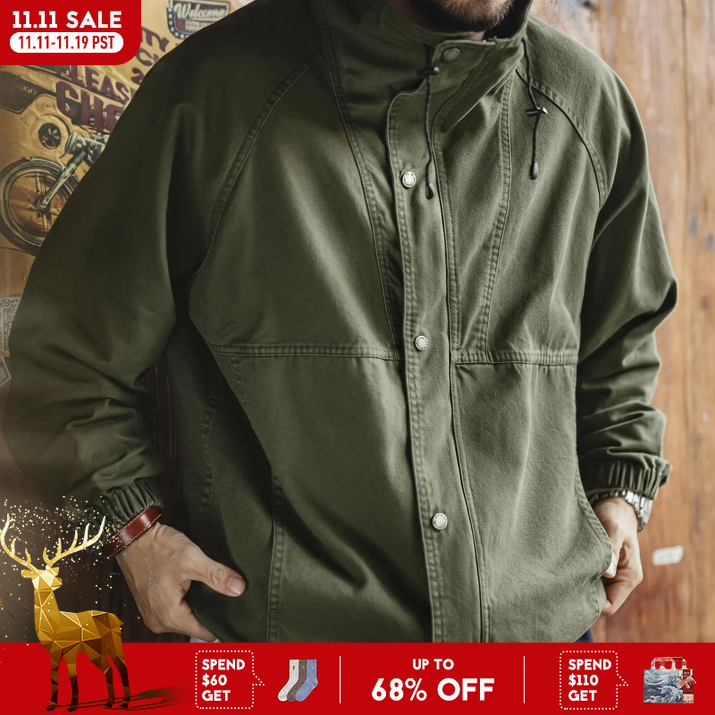 

Maden Men's Vintage M-65 Field Jacket Green Cotton Zipper Army Coat Stand Collar Drawstring Windbreaker for Spring and Fall