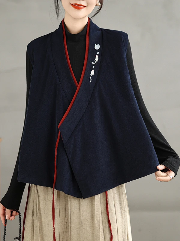 New 2025 Autumn Winter Loose Fit Embroidered Belted Chinese Sle Retro Corduroy Vest Large Size Women's Han Su Can oulder