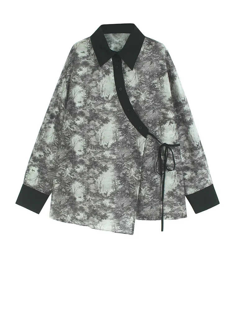 

Женская повседневная блузка большого размера с черным узором и принтом, новая рубашка с длинными рукавами и лацканами, модная весна-осень