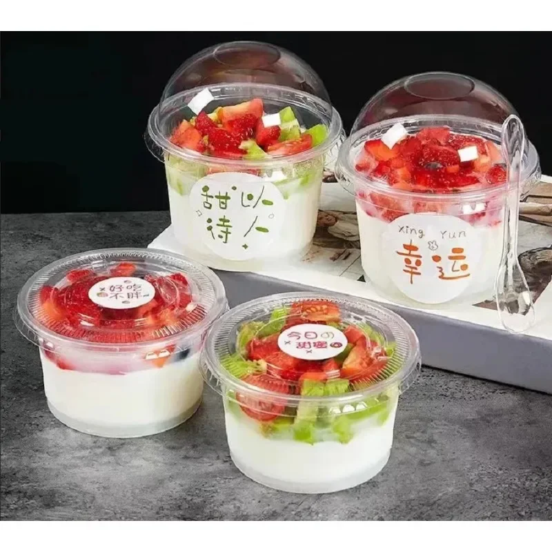 50 Pezzi Bicchieri Monouso da 250ML per Insalata, Contenitori Trasparenti in Plastica per Dessert con Coperchi a Cupola/Piatti per Gelato e Cupcake